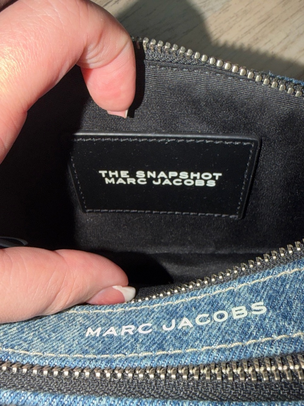 Marc Jacobs Denim Snapshot Bag in Blue with diamonds.